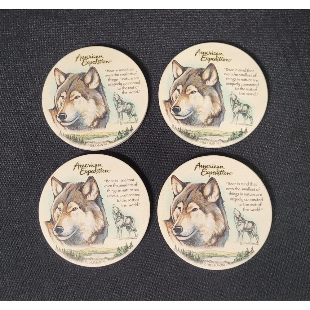 American Expedition Wildlife Stone Wolf Coasters Set of 4 Timber / Gray Wolf